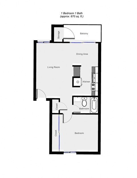 Floor plan for 1 bed, 1 bath, 670 sqft